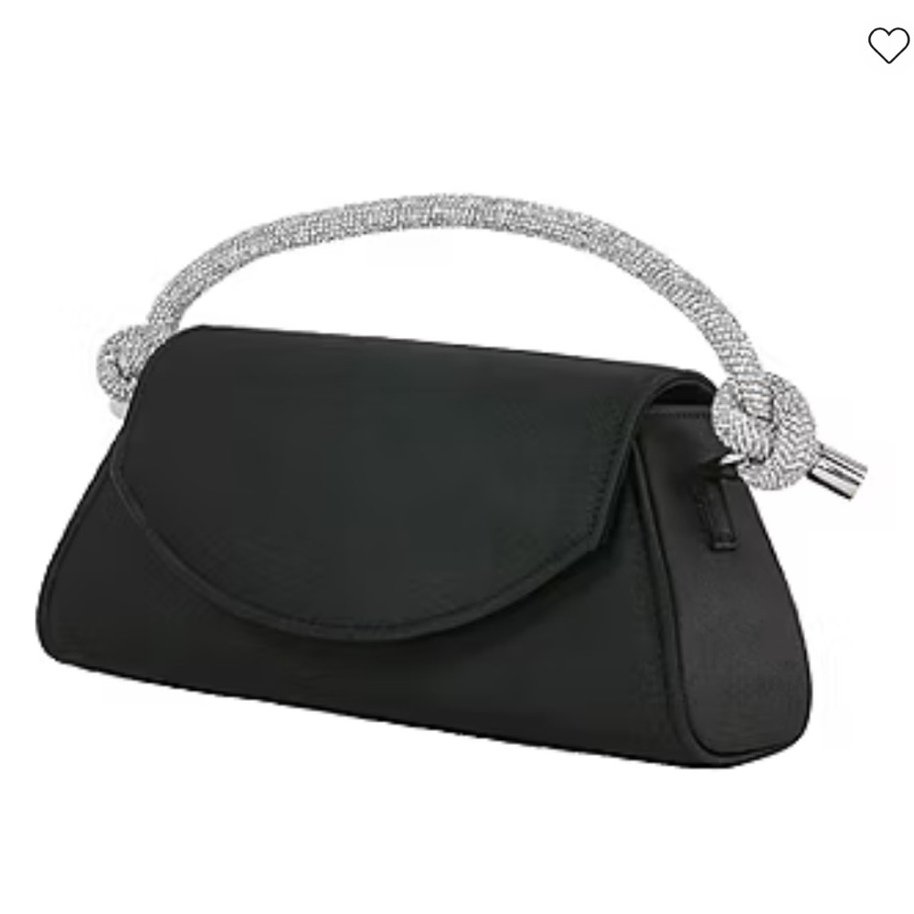 black evening bag features a distinctive sparkly, twisted knot strap.